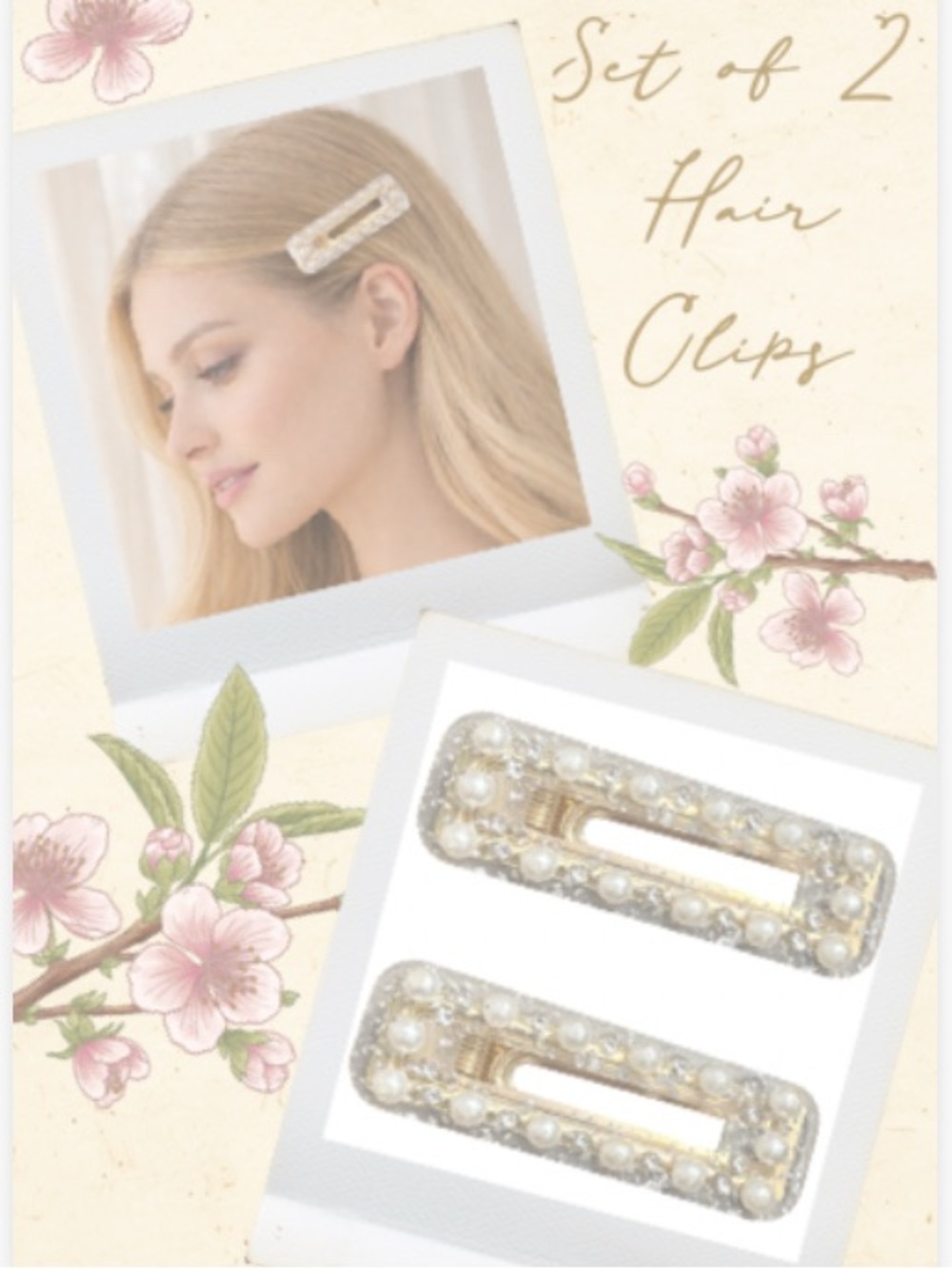 Luxury Style Hair Clips Pearl-Embellished Beaded Ivory Gold Rectangular Coquette